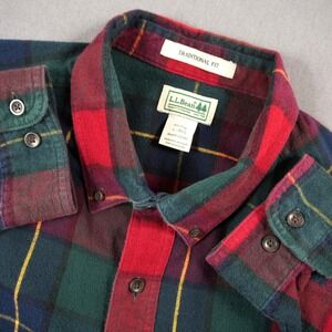 L.L. Bean Retro Plaid Flannel Skater Hiking Green Red Outdoor Men Shirt L